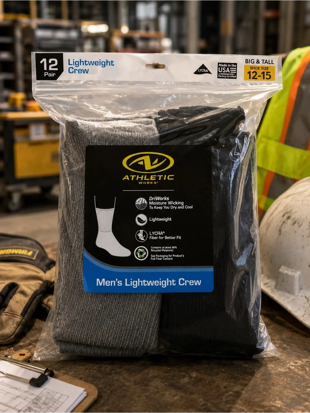 Athletic Works Men's Lightweight Crew Socks - Black & Gray (12 Pair)